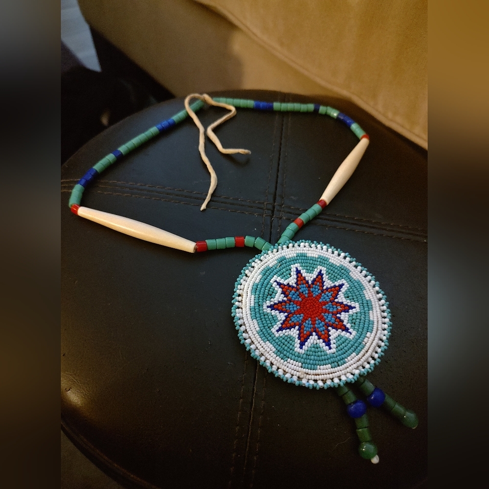 Native American Glass Beadwork/Leather Medallion Necklaces
